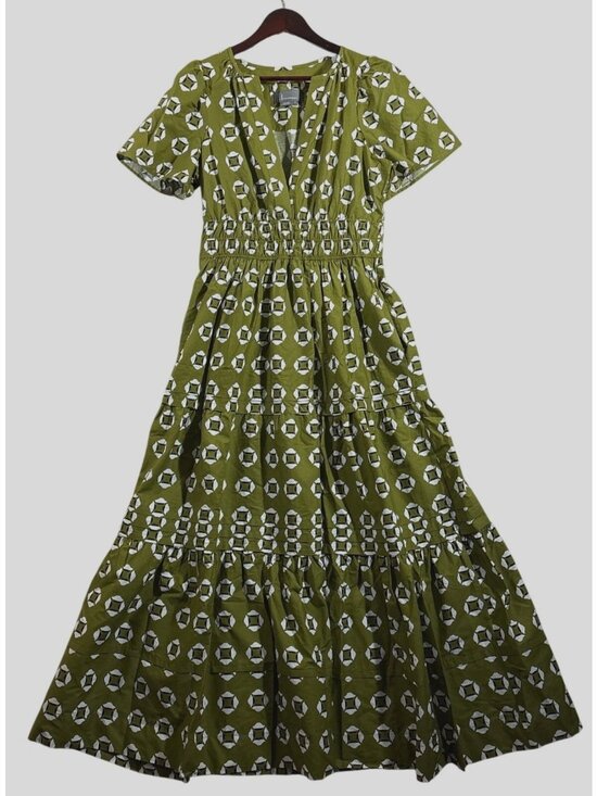 Anthropologie Dresses & Skirts - Anthropologie Somerset Olive Green Geometric Print Maxi Dress Size S Pockets